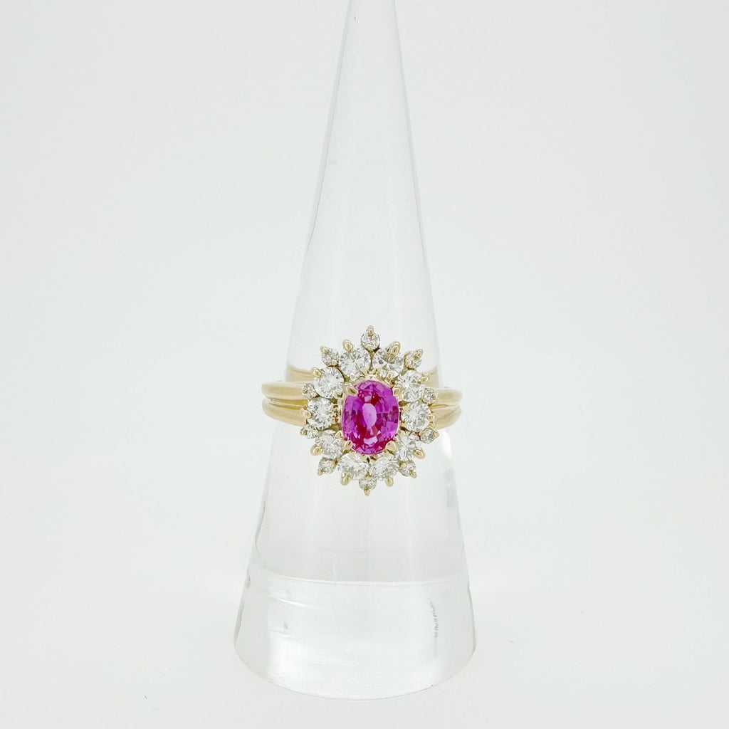 18K Gold Pink Sapphire Diamond Halo Ring