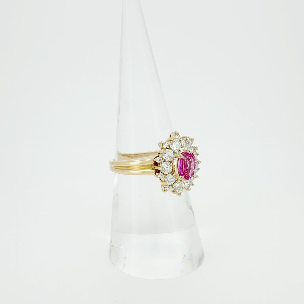 18K Gold Pink Sapphire Diamond Halo Ring