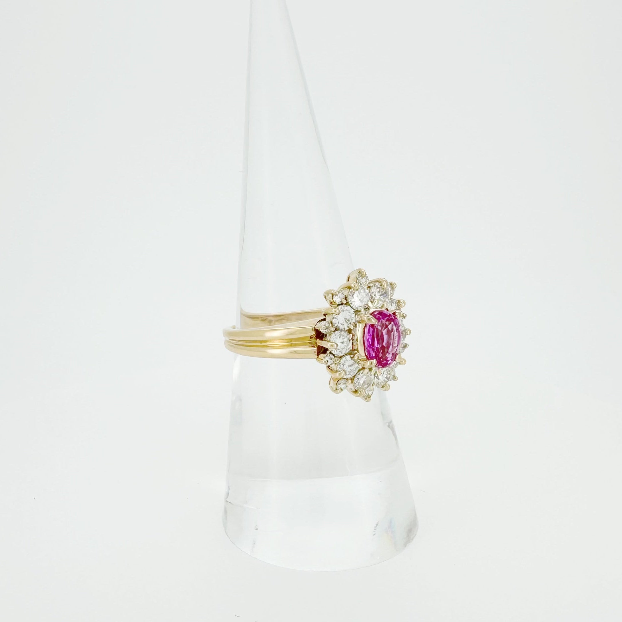 18K Gold Pink Sapphire Diamond Halo Ring