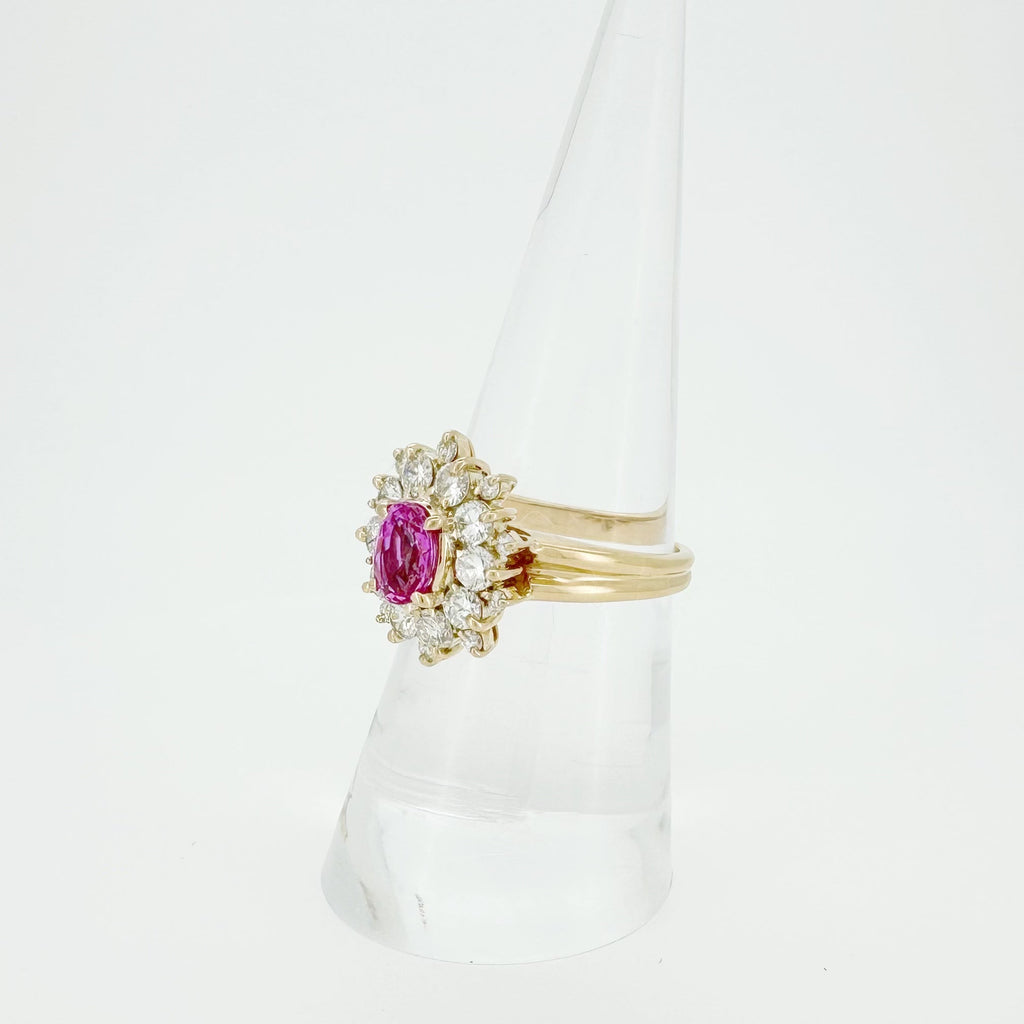 18K Gold Pink Sapphire Diamond Halo Ring