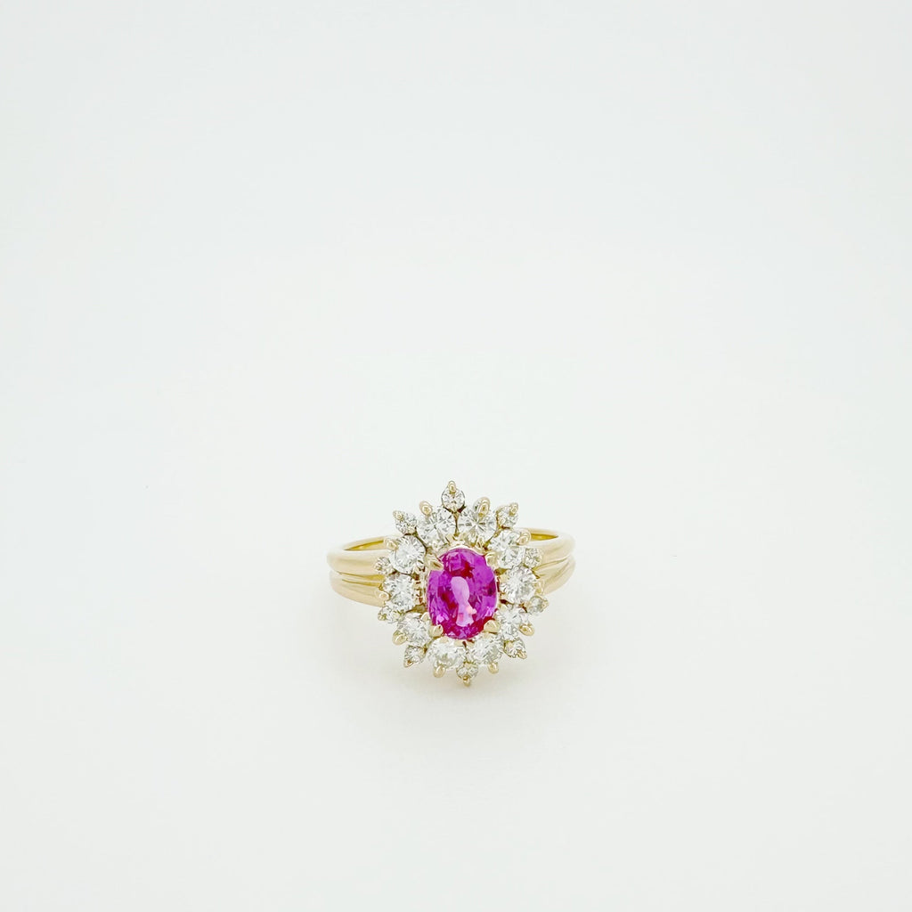 18K Gold Pink Sapphire Diamond Halo Ring