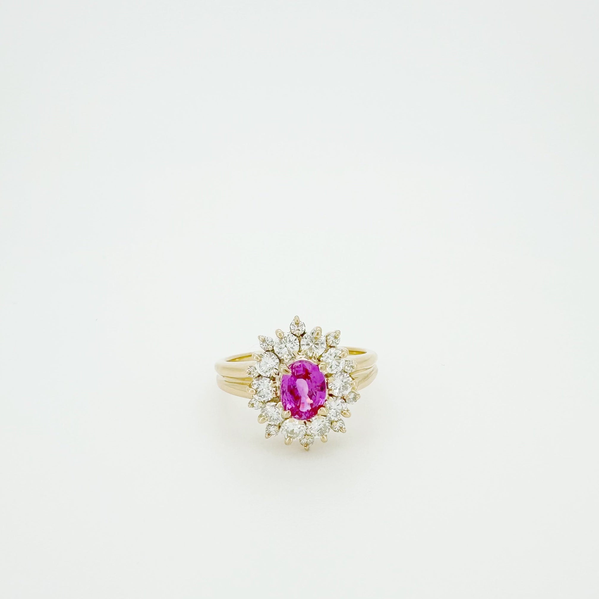 18K Gold Pink Sapphire Diamond Halo Ring