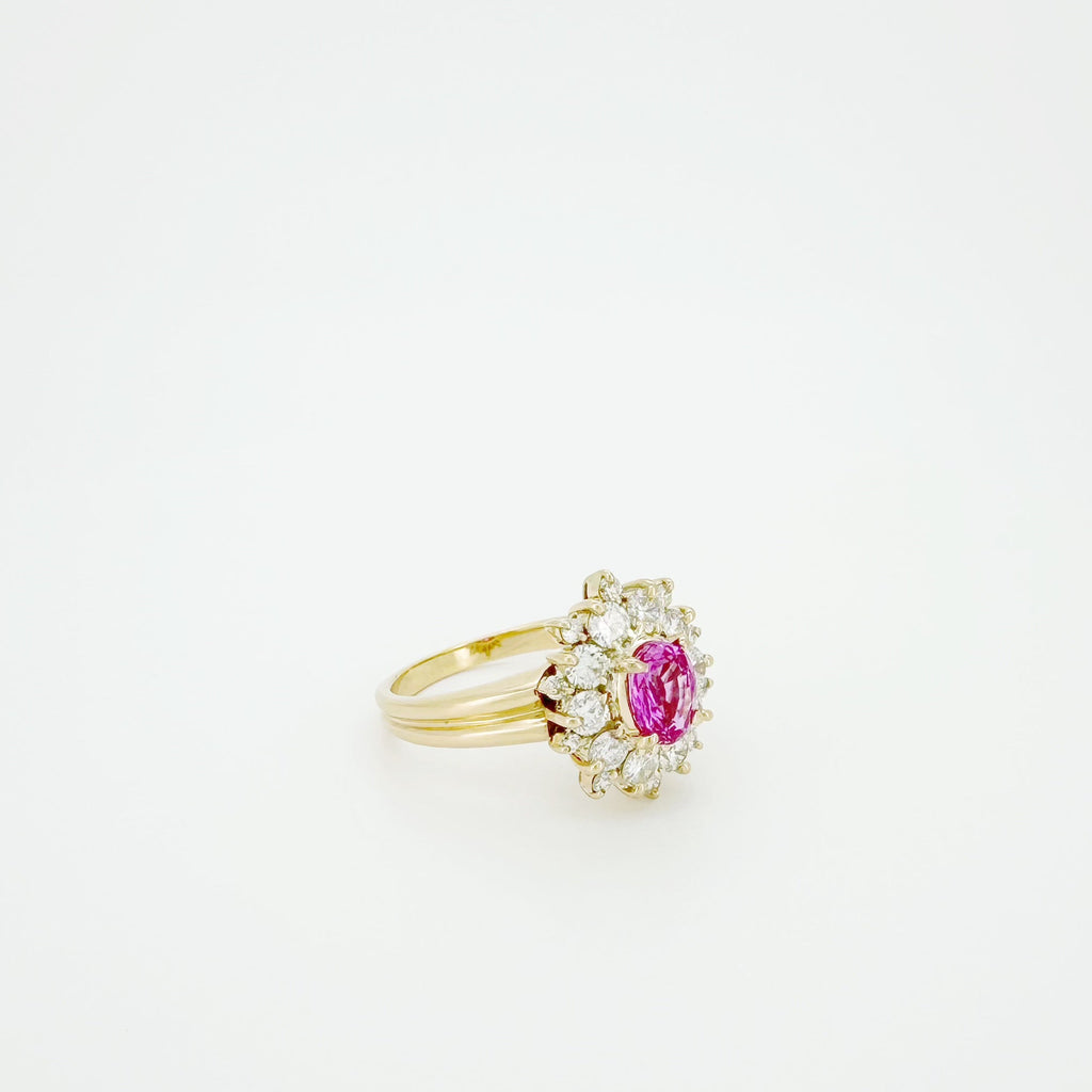 18K Gold Pink Sapphire Diamond Halo Ring