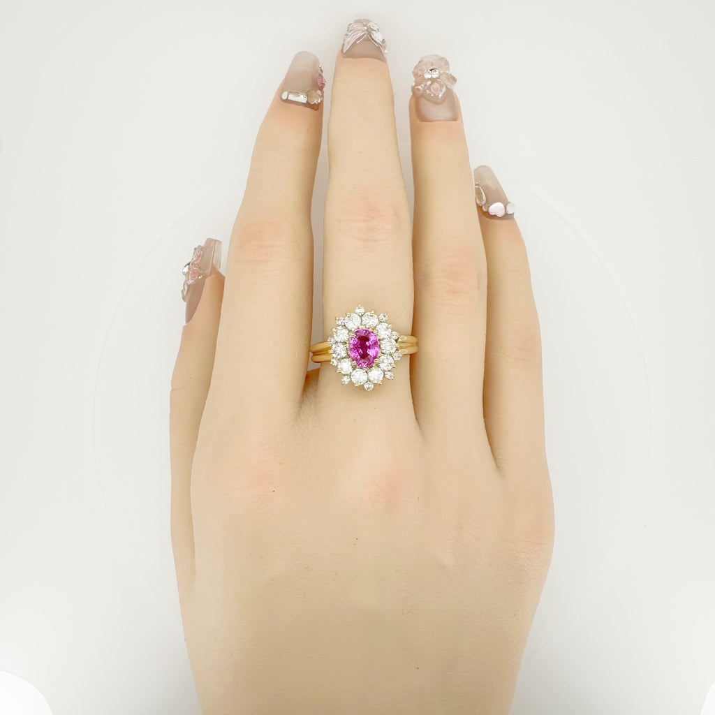 18K Gold Pink Sapphire Diamond Halo Ring