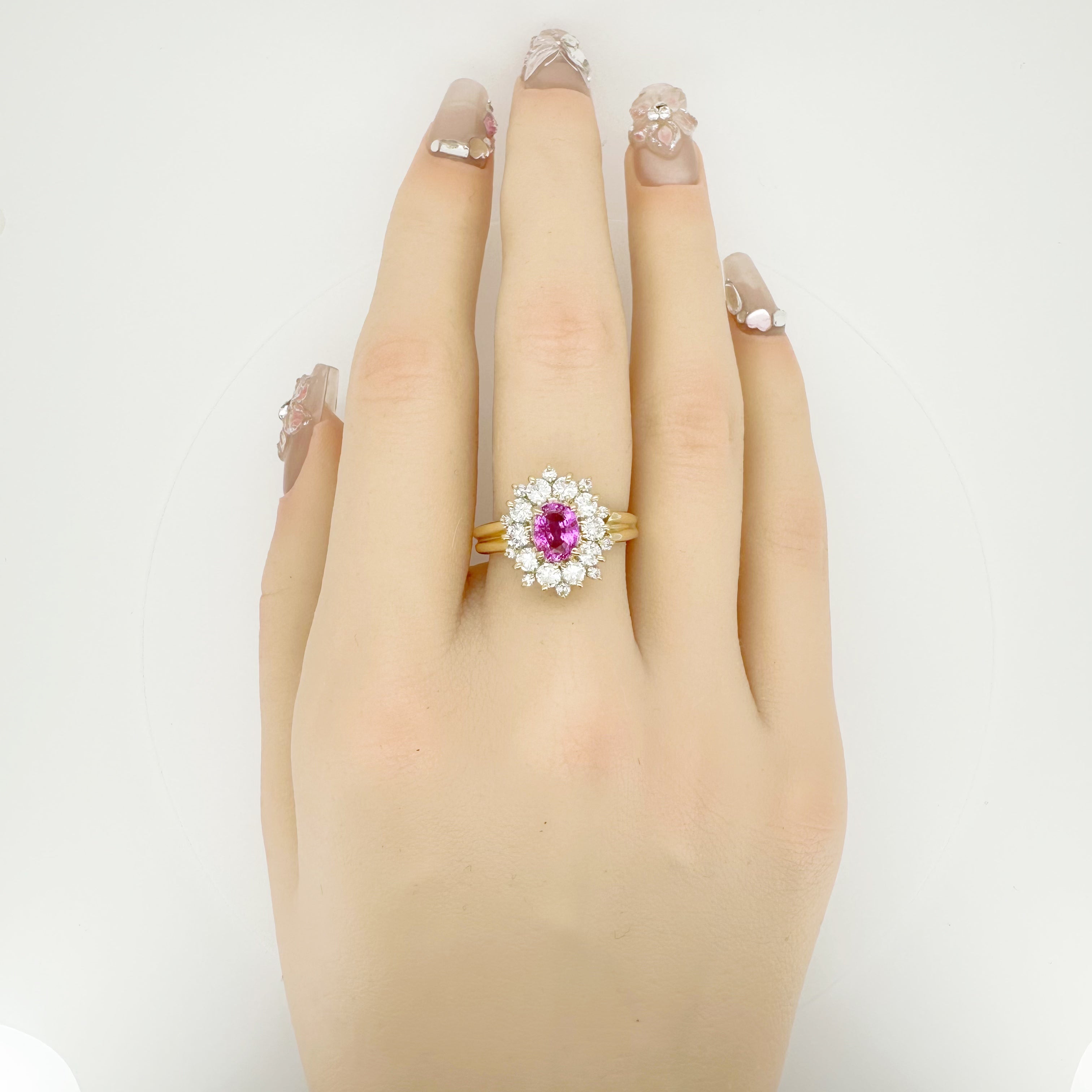 18K Gold Pink Sapphire Diamond Halo Ring